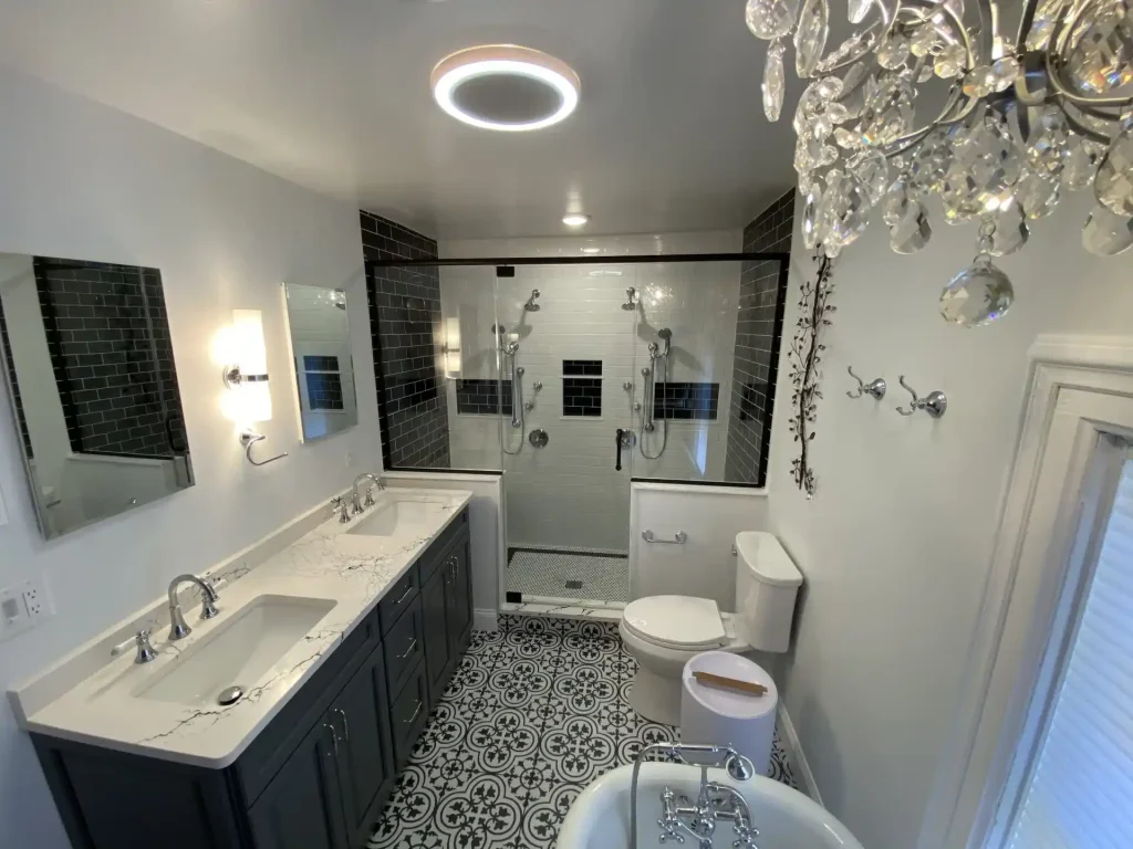 Bathroom overview. Retro and elegant style luxury bathroom remodel by Stately Kitchen and Bath in Lockport, NY.