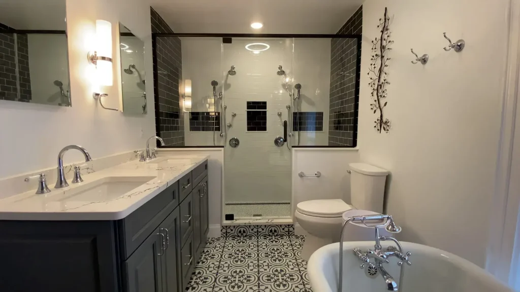 Bathroom overview. Retro and elegant style luxury bathroom remodel by Stately Kitchen and Bath in Lockport, NY.