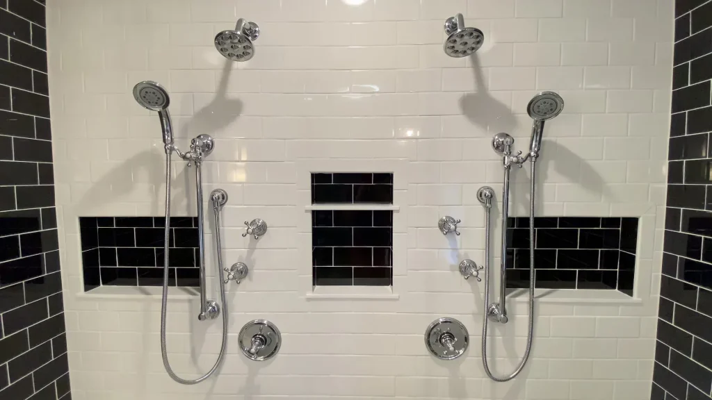 Duel shower stall. Retro and elegant style luxury bathroom remodel by Stately Kitchen and Bath in Lockport, NY.