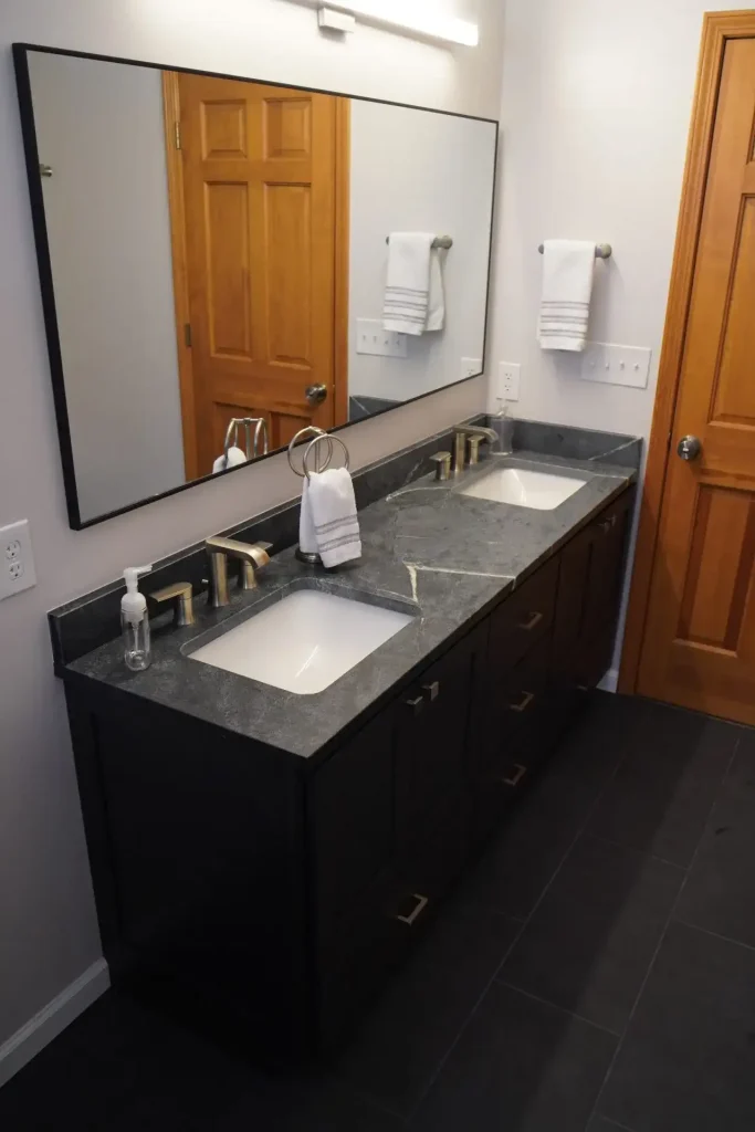 New vanity and countertops. Master bathroom remodel in Clarence, NY by Stately Kitchen and Bath.