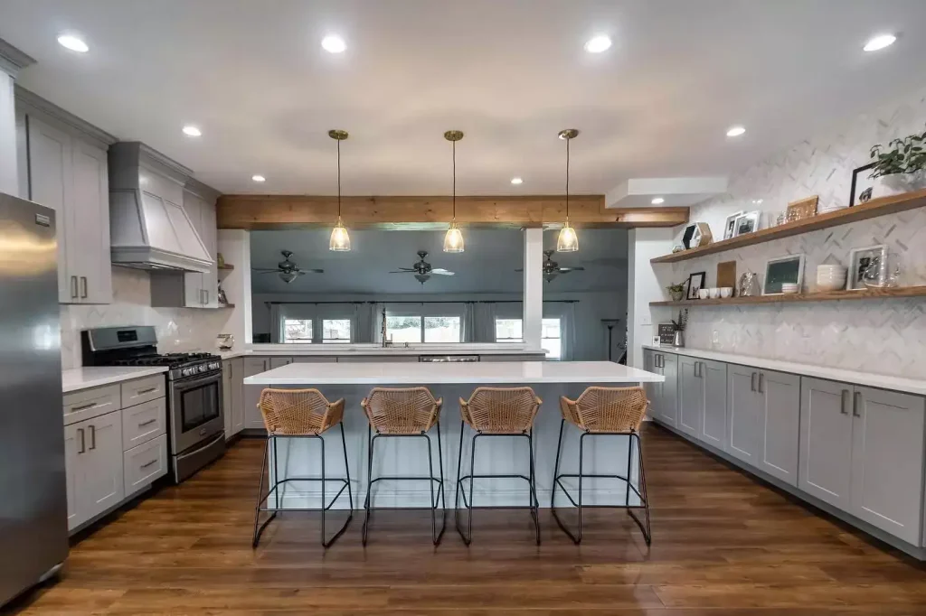 Kitchen overview featuring spacious island with dining.