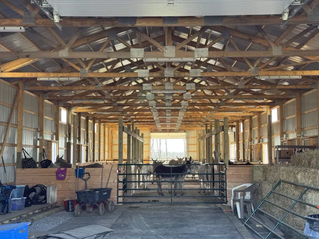 Interior of pole barn showing wooden beams, ample storage space, and animal stalls, built for versatility and comfort.