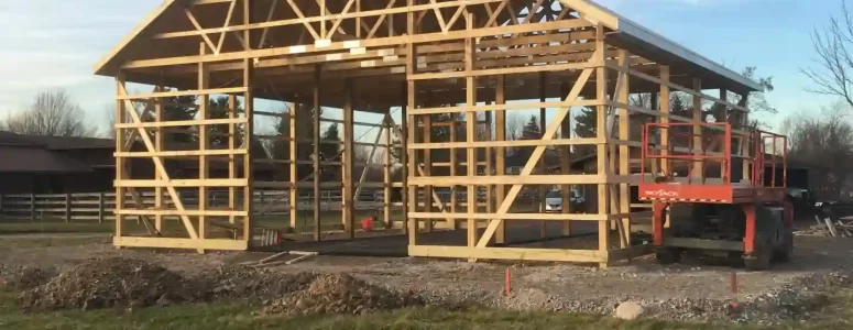 Pole barn under construction by Stately Post Frame in Elma, NY.